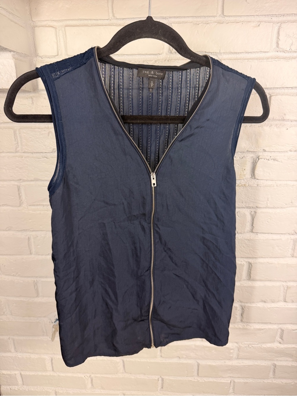 rag & bone Navy Silk Blend Zip Front Sleeveless Knit Panel Top Small